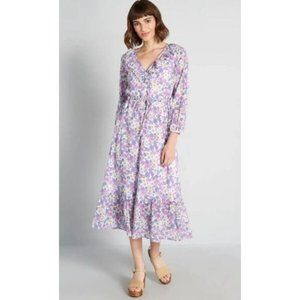 New Modcloth Ruffling For Flowers Midi Dress Purple Floral Long Sleeve Sz 4